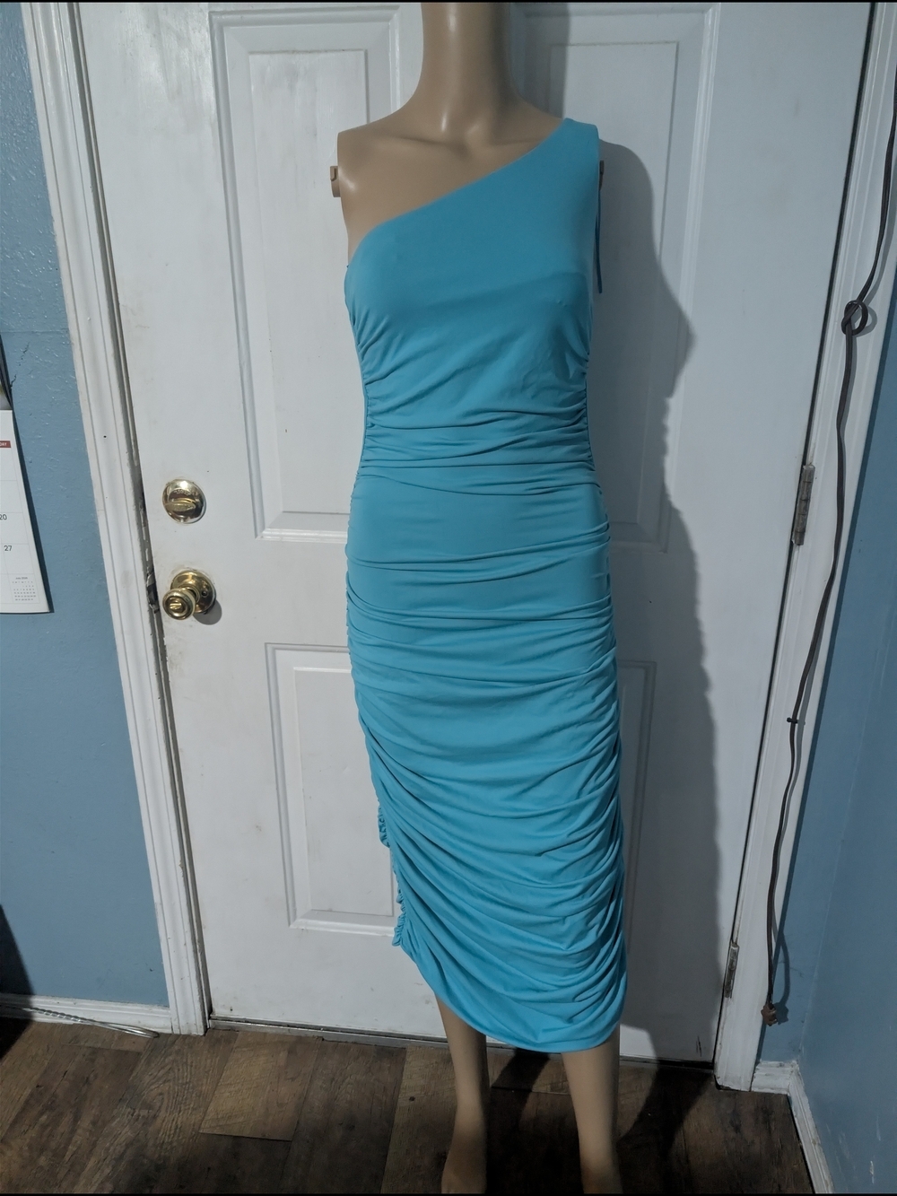 Susana Mónaco One-Shoulder Ruched Aqua Midi Dress